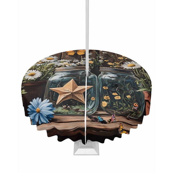 Hokiten Outdoor Tablecloths with Umbrella Hole & Zipper, Flowers Floral Round Tablecloth 54 Inch, Western Texas Star Farmhouse Brown Lodge Waterproof Table Cloth, Patio/Pool/Picnic Table Covers