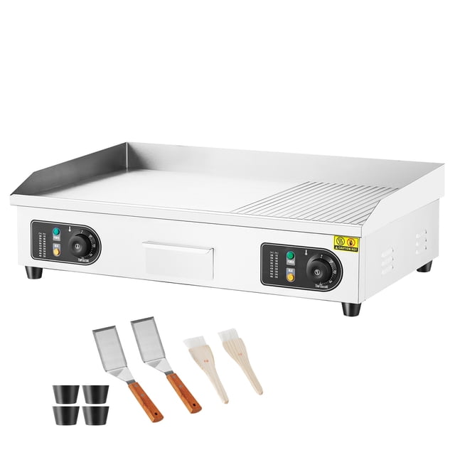 KFFKFF Professional Electric Griddle with a 2800W power output, featuring a semi-flat A3 iron plate design with half-grooved and half-flat surfaces. The griddle measures 28.74 x 15.75 x 0.39 inches and includes precise temperature control ranging from 122℉ to 572℉. Made with durable stainless steel, it comes with two spatulas, two brushes, and four foot pads. The griddle has a widened oil drain hole, an oil collection tray, and rubber feet for stability, making it suitable for home and commercial use in preparing dishes like pancakes, steaks, and burgers.