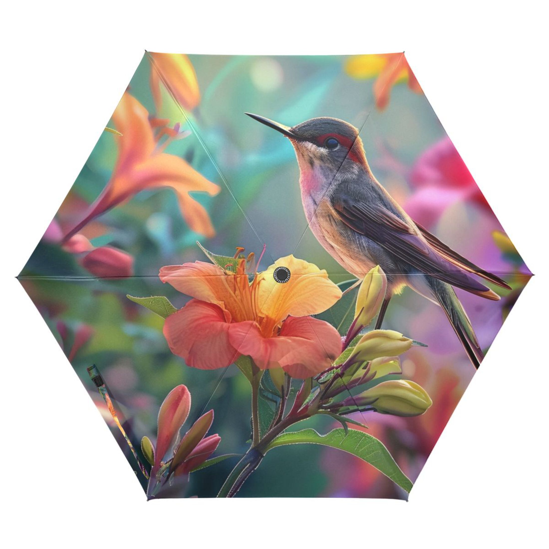 Birds in Florals All Weather Umbrella Triple Folding Parasol 6 Ribs UV Protection Portable