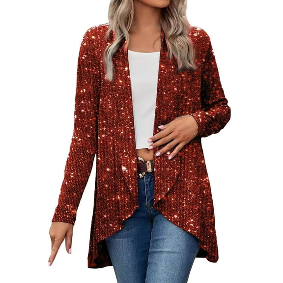 Goindgs Womens Jacket Fall Coats Sequin Solid Color Irregular Hem Long Sleeve Long Jackets Tops Shirts Trendy 2025 Red-L