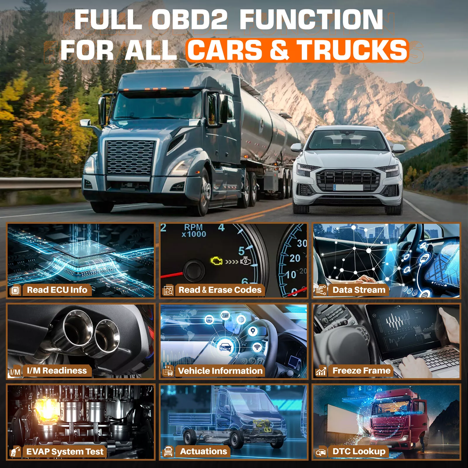 ANCEL Diesel Heavy Duty Truck Scanner, Bidirectional Truck Diagnostic Scan Tool OBD2 Scanner, Full System Car Code Reader with 40+ Resets, ABS SRS DPF Regen, ECU Reset for Truck & Commercial Vehicle