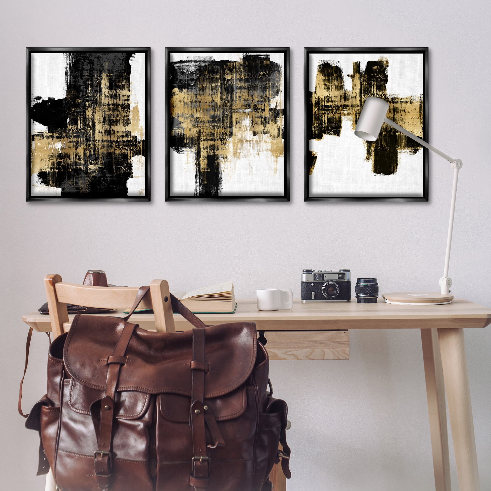 Stupell Industries Bold Black Brushstrokes with Gold Abstract Painting Black Floater Framed Canvas Art Print Wall Art, 25 x 31, Set of 3