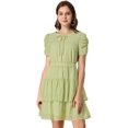 thumbnail image 1 of INSPIRE CHIC Women's Tie Neck Ruched Sleeve Elastic Waist A-Line Double Layers Ruffle Hem Short Dress, 1 of 6