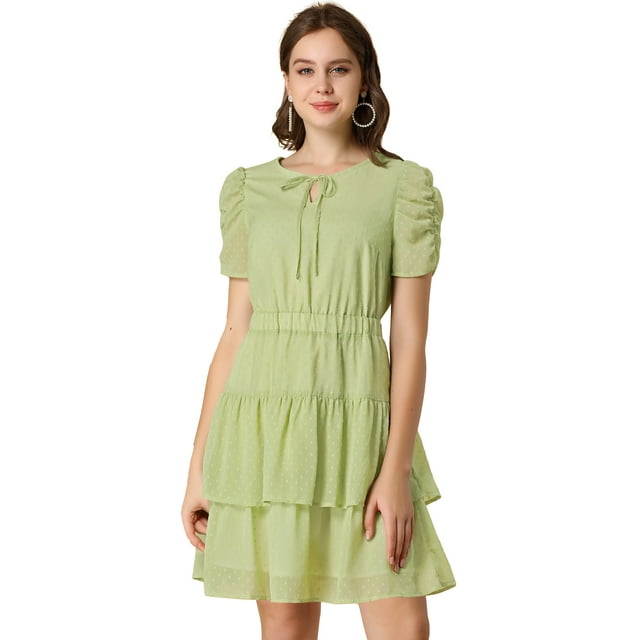 INSPIRE CHIC Women's Tie Neck Ruched Sleeve Elastic Waist A-Line Double Layers Ruffle Hem Short Dress