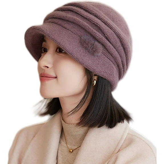 YooGuoGuo Womens Cloche Beanie Hat Folds Decor Winter Warm Knitted Hat with Visor Brim Bowler Hat