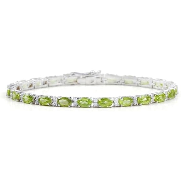 Sterling Silver Peridot Tennis Bracelet with Lab Created Stone Accents, Oval Cut Green Gemstones