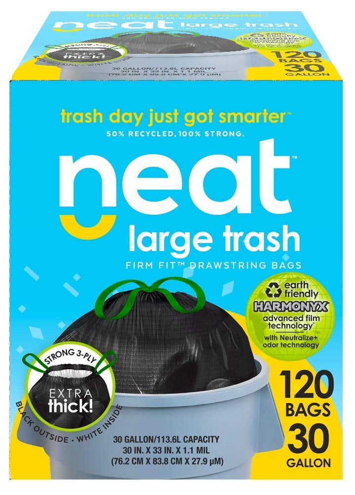 neat 30 Gallon Drawstring Trash Bags, Reversible, Black and White