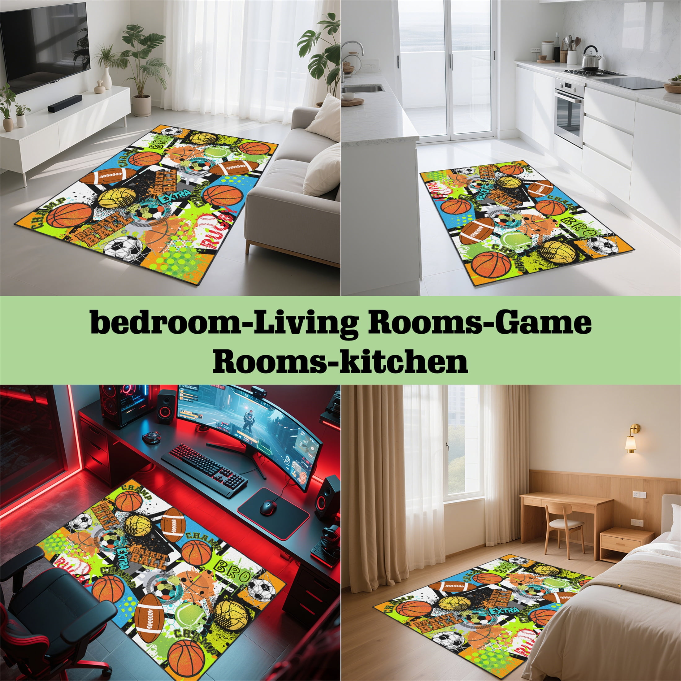 Sport Rug with Football,Basketball and Baseball Prints,Non-Slip 3x5ft Area Rugs for Bedroom Living Room Decor