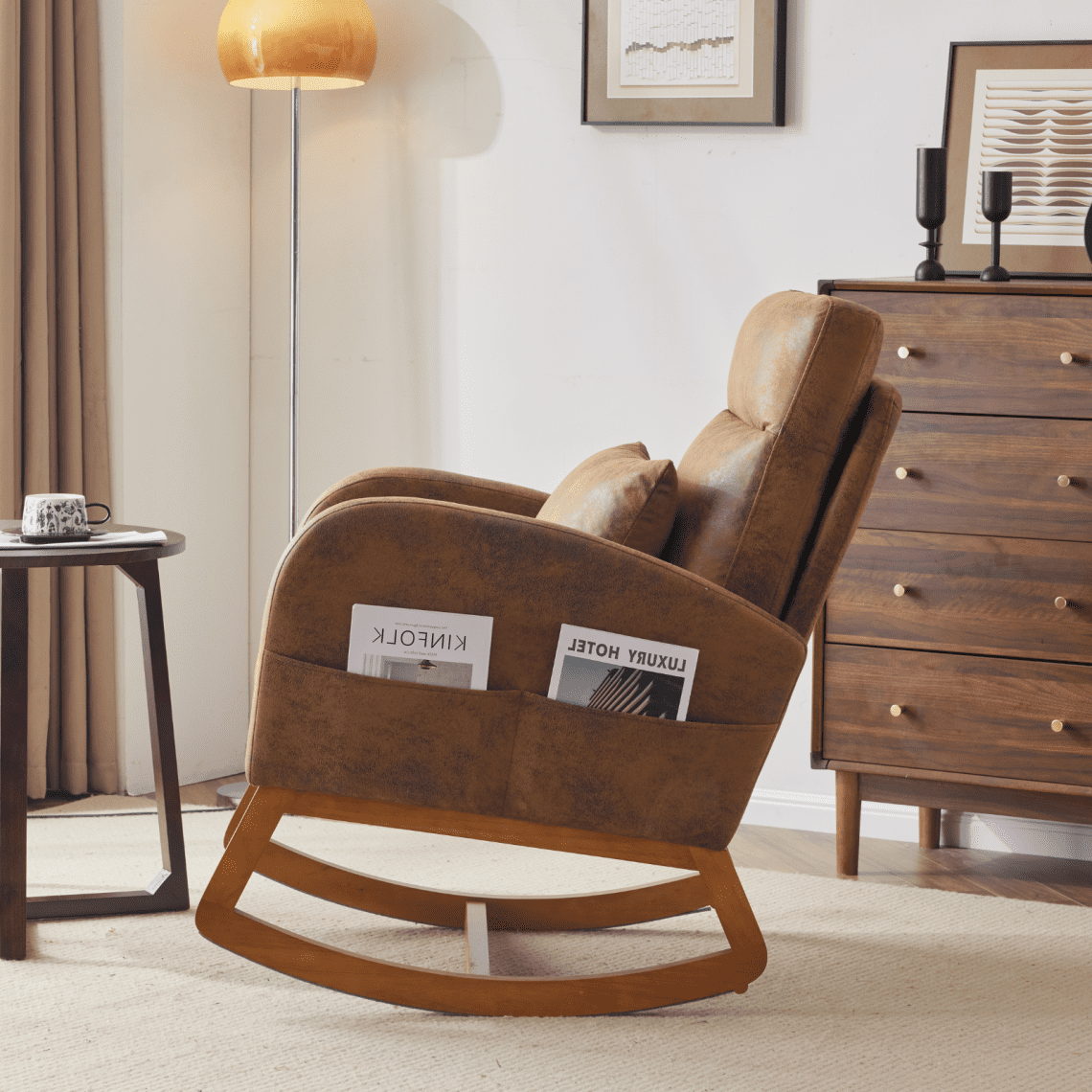 Rocking Chair Nursery with Thick Headrest, Upholstered Modern Nursing Rocker Glider with Curved Armrest, Sturdy Solid Wood Base for Living Room, Bedroom, Baby Room, Burnt Orange