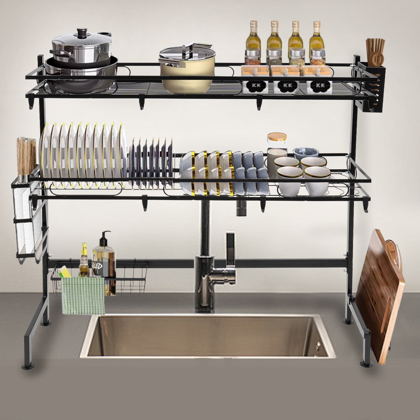 2 Tiers Over Sink Dish Drying Rack Cutlery Drainer Kitchen Shelf Cup Organizer Black for Home Kitchens