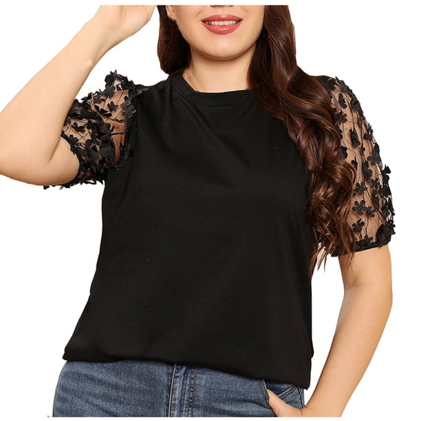 Blusa superior de manga corta con lazo delgado de talla grande y cuello redondo Sexy a la moda para mujer Pompotops hfajkhk129058