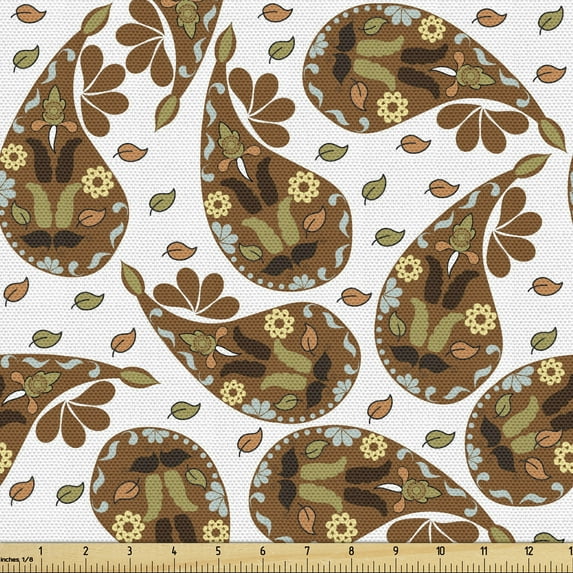 Brown Paisley Fabric by the Yard, Almond Like Motifs in Autumnal Tones, Decorative Upholstery Fabric for Chairs & Home Accents, 2 Yards, Umber White by Ambesonne