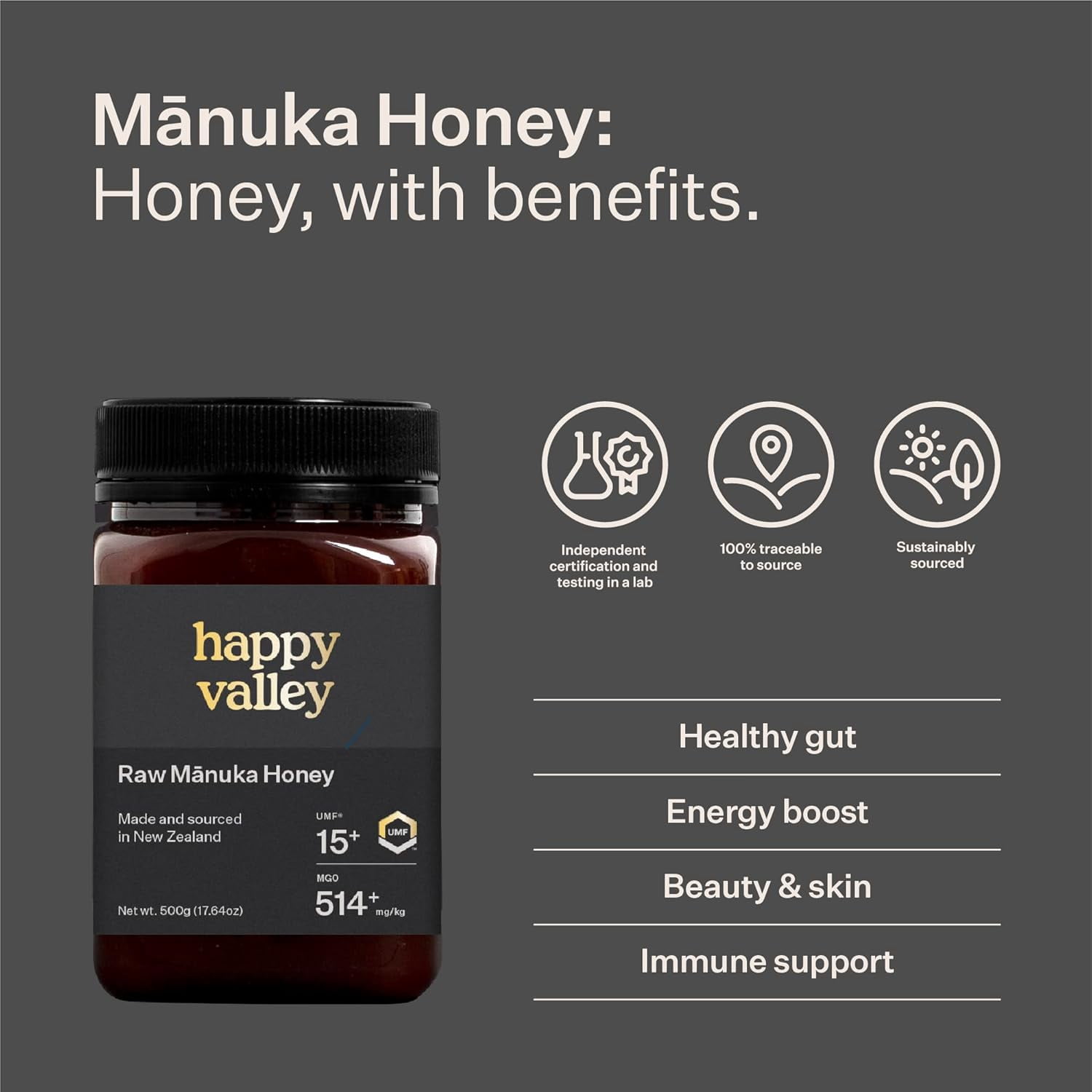 Happy Valley Manuka Honey - UMF 15+ (17.6oz, 500g) - Certified Raw New Zealand Mānuka - UMF 15+, MGO 514+