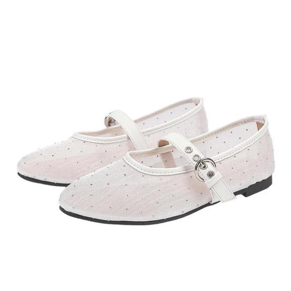 Gpaecead Women's Rhinestone Mesh Breathable Flats Closed Toe Thin Strap Buckle Versatile Glam Summer Shoes, White