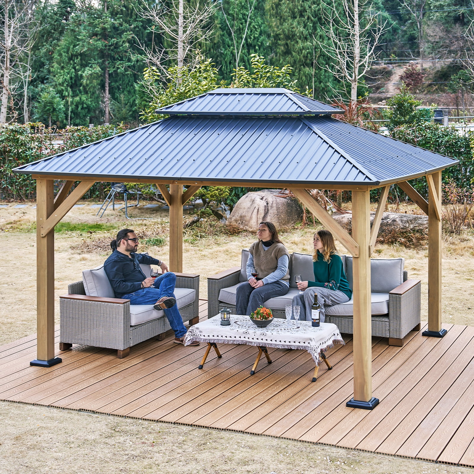 Merluxy Wood Gazebo 13'x15', Wind & Rain Resistant Design, Grill Gazebo for Garden, Backyard