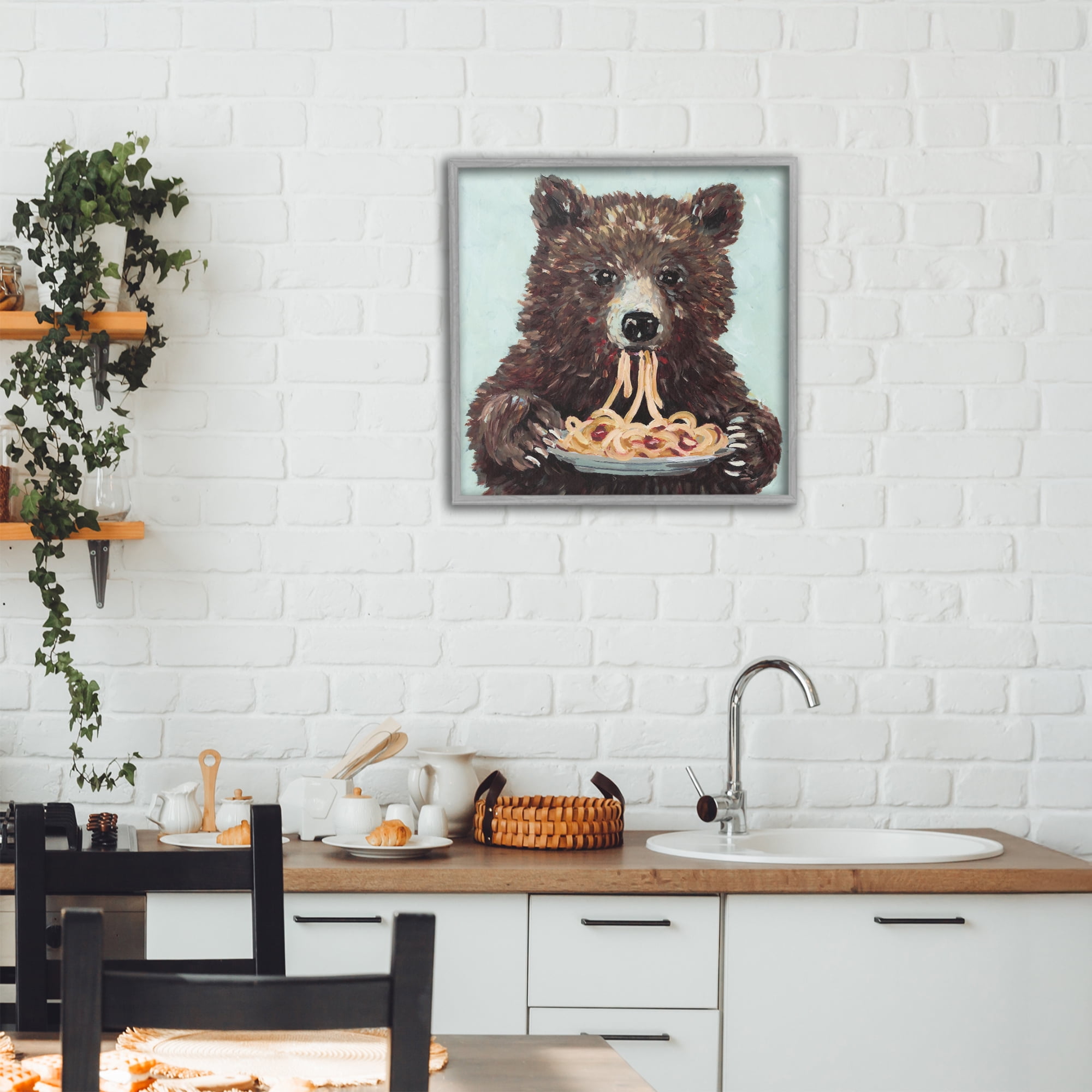 Whimsical Bear & Spaghetti Gray Framed Giclee Art, design by Studio Bautista