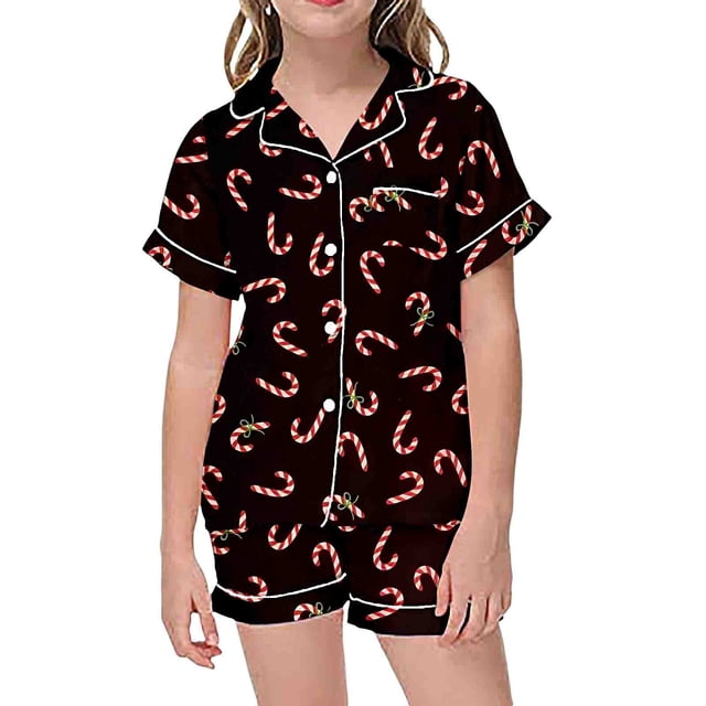 Fgnfyis Pyjamas pour Filles Pyjamas pour Filles Ensemble de Pyjamas Décontracté Imprimé Col Boutonné Manches Courtes Haut Shorts Noir