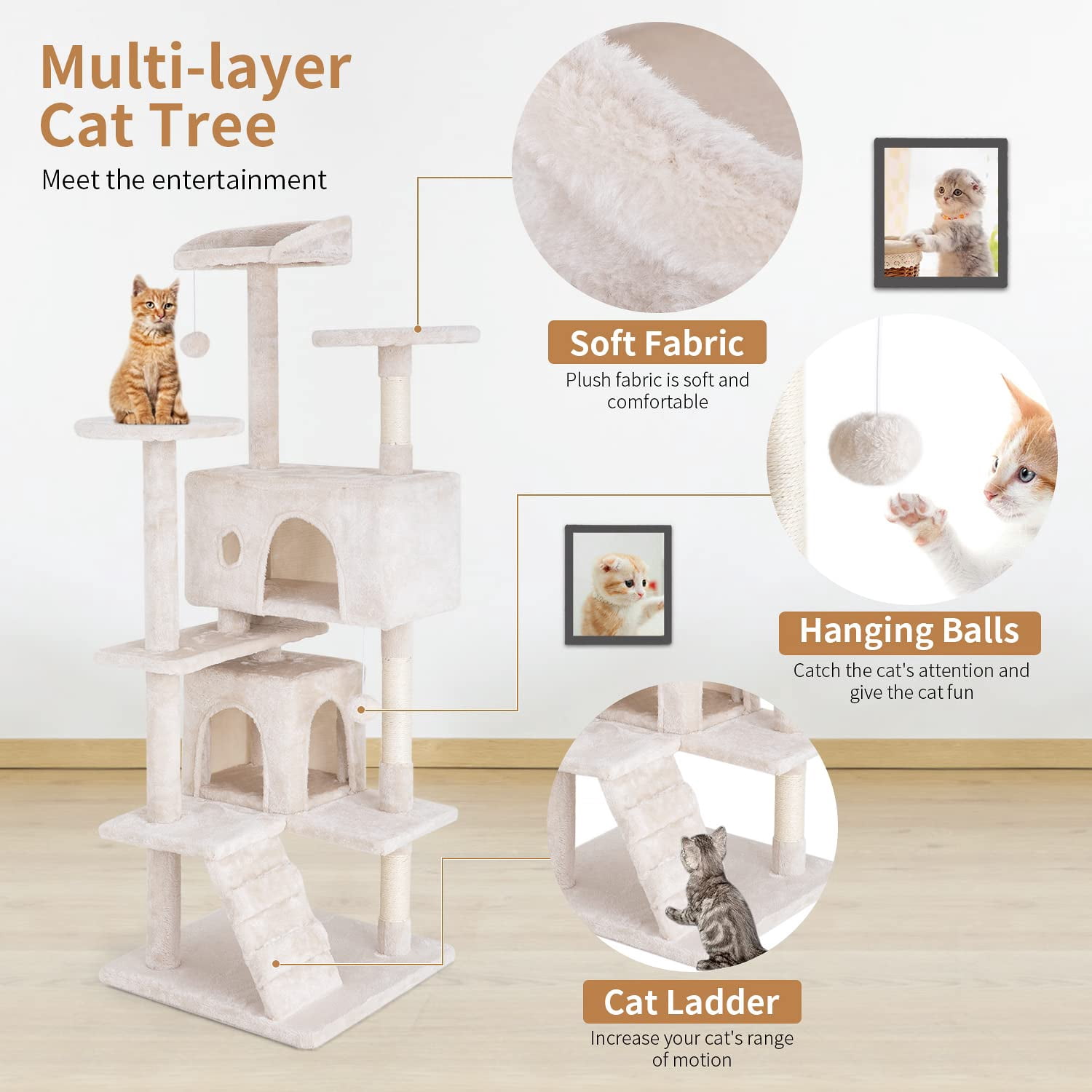 YRLLENSDAN 54 inch Tall Cat Tree Tower for Indoor Cats, Large Cat Tower with Scratching Post, Cat Climbing Tower with Cat Tree House, Sturdy Cat Condo, Beige