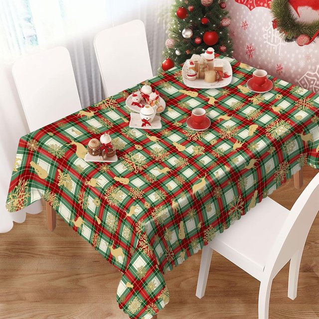 Eikione Christmas Table Cloths Rectangle 60 X 84, Red-and-Green Checked Table-Cloth Reindeer Snowflake, Wipeable Table Cover for Party