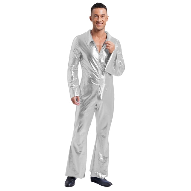 Raenseen Mens 70s Retro Disco Shiny Metallic Jumpsuit One Piece Rompers for Carnival Party Vintage Silver S