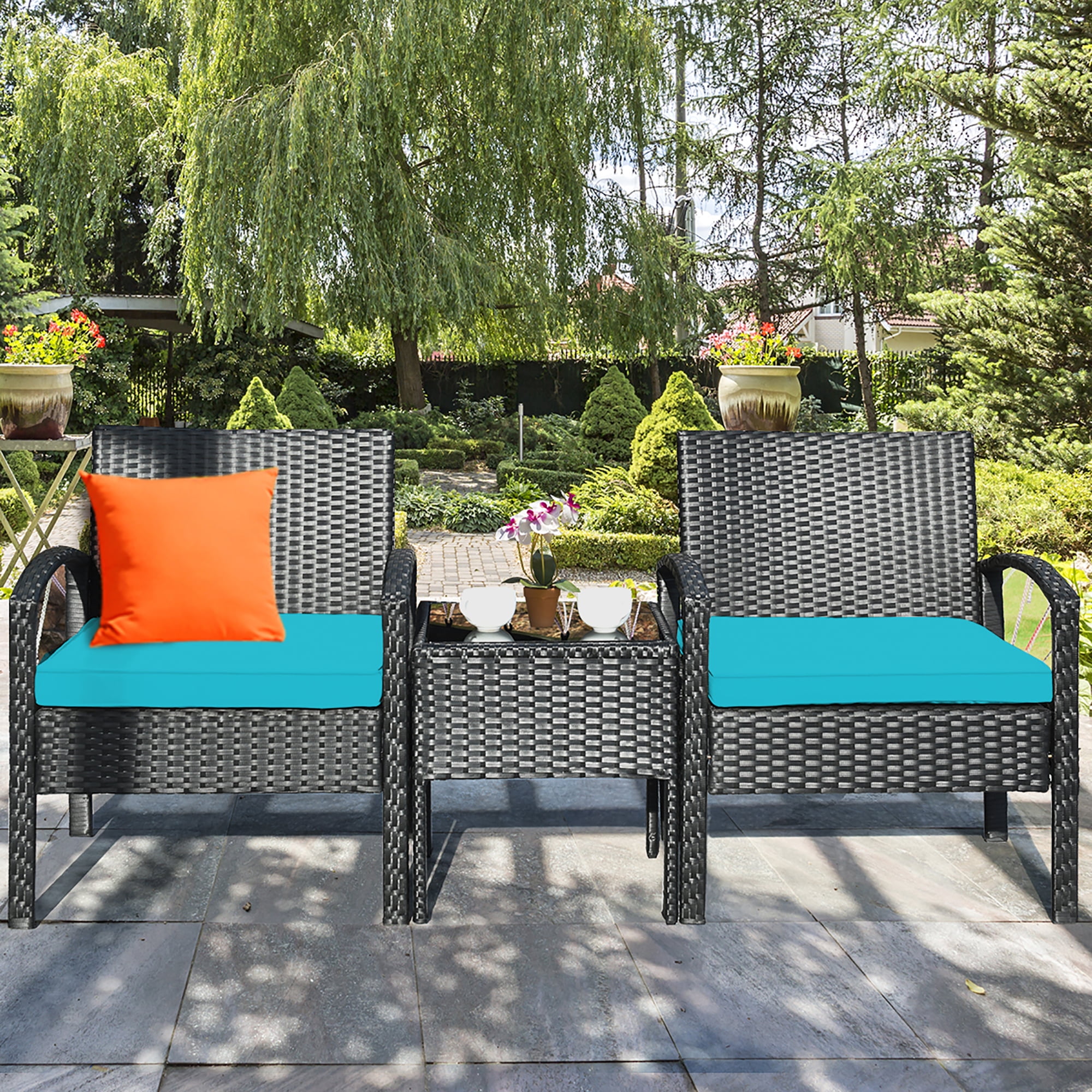 Costway 3 PCS Patio Rattan Furniture Set Coffee Table Conversation Sofa Cushioned Turquoise