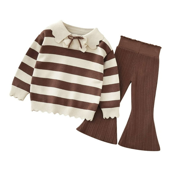 Mercatoo Toddler Girls Fall Winter Set Knitted Striped Doll Collar Shirt and Ribbing Long Pant Outfit Kids Girls Casual Clothes