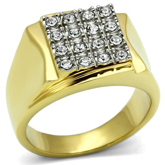 Men Two-Tone IP Gold Stainless Steel Ring with Top Grade Crystal in Clear - Size 12