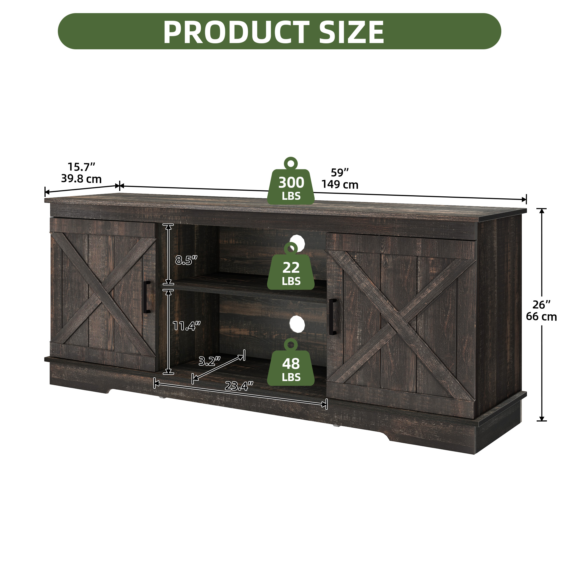 Uforic Farmhouse TV Stand for up 65" TVs, Entertainment Center Console Table for Living Room, Dark Oak