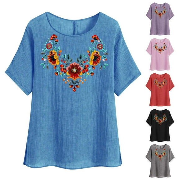 Dazajoo Cotton Linen Summer Shirts for Women Casual Short Sleeve Round Neck Blouses Vintage Ethnic Floral Print Tunic,Blue,M