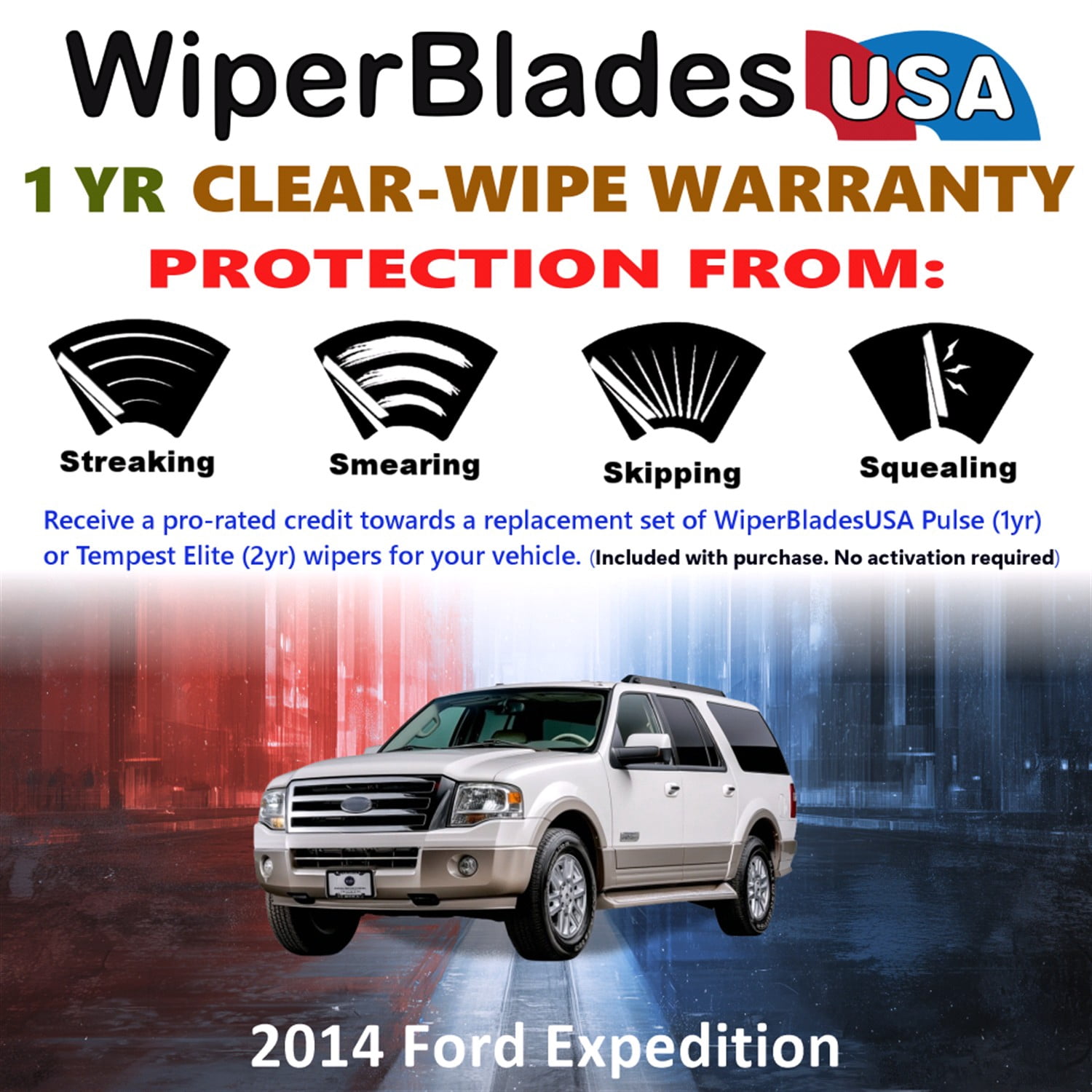 2014 Ford Expedition Beam Wiper Blades Wipers w/1yr Warranty (Set of 3) w/Rear Wiper (WiperBladesUSA)