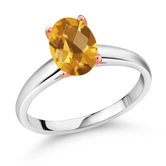 Gem Stone King 1.65 Ct Oval Checkerboard Yellow Citrine 925 Silver and 10K Rose Gold Ring Ring (Size 7)