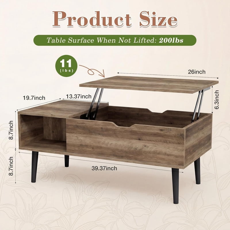 Kelno Lift Top Coffee Table with Hidden Storage Adjustable Height Wood Center Table with Shelf,Wood Gray