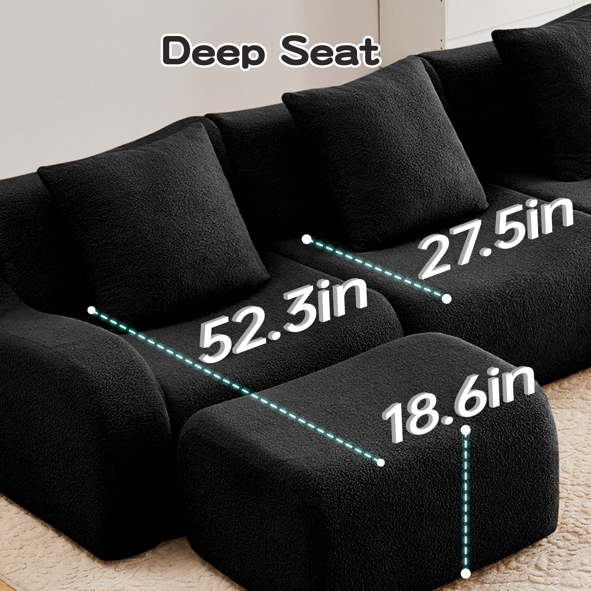 MAYEERTY 115.3" L-Shaped 3-Seat Teddy Fabric Boneless Sofa, Black 300lbs/seat 32D Foam No Assembly Couch with Chaise for Living Room Bedroom
