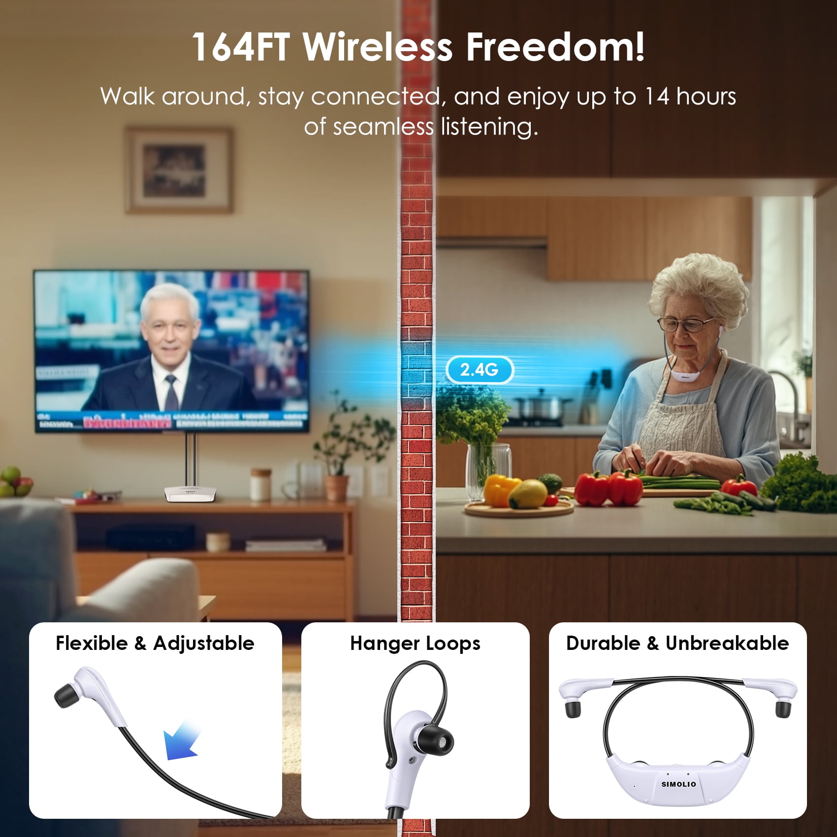 SIMOLIO 100 ft Distance Wireless TV Headphones for Digital and Analog TV, TV Listening Device for Hearing Impaired and Seniors w/Voice Highlighting,Tone Control,  SM-823DXPRO-W