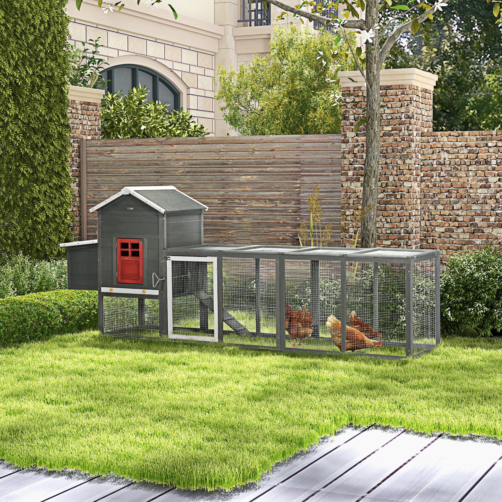 PawHut 118" Extra Large Chicken Coop with Run, Removable Tray, Gray