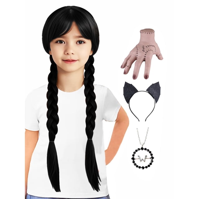 Set de collar negro trenzado Wig AKZKQKER Wednesday Addams