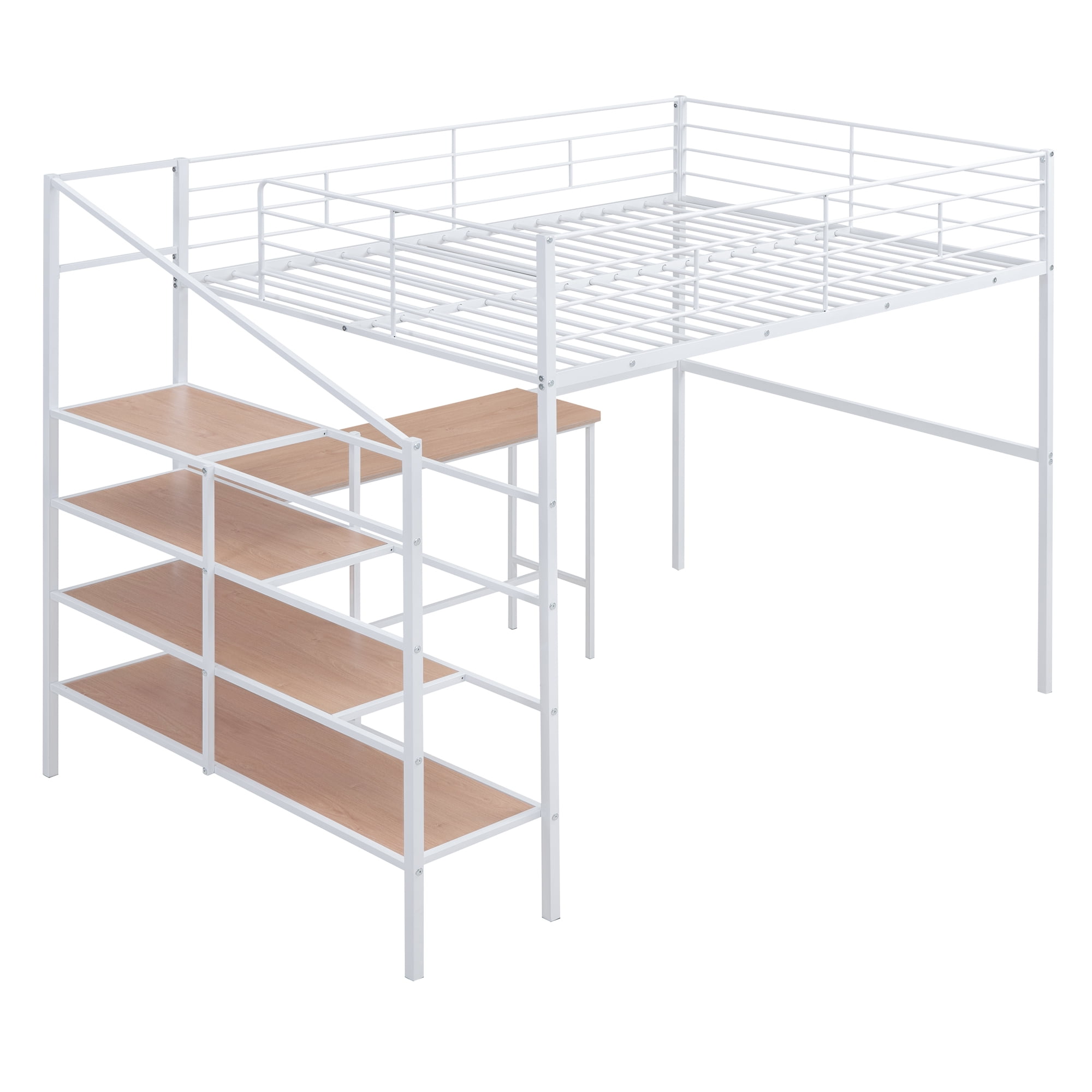 Full Size Loft Bed with Desk and Lateral Storage Ladder,Metal Loft Bed for Kids,White