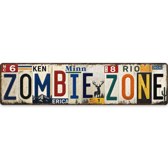 Zombie Zone Iron Wall Sign 16x4 Inch - Vintage Style Decor