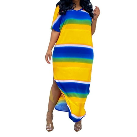 

Color Striped Print Short Sleeved Split Maxi Dress V Neck Women s Beach Summer Maxi Dress Women s Beach Summer Dress Color Striped Print Short Sleeved Split V Neck S Yellow