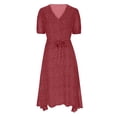 thumbnail image 7 of FRSASU Summer Dresses for Women Short Sleeve Polka Dot Midi Dress V-Neck A Line Sundress Beach Vacation Flowy Dresses Wine, 7 of 7