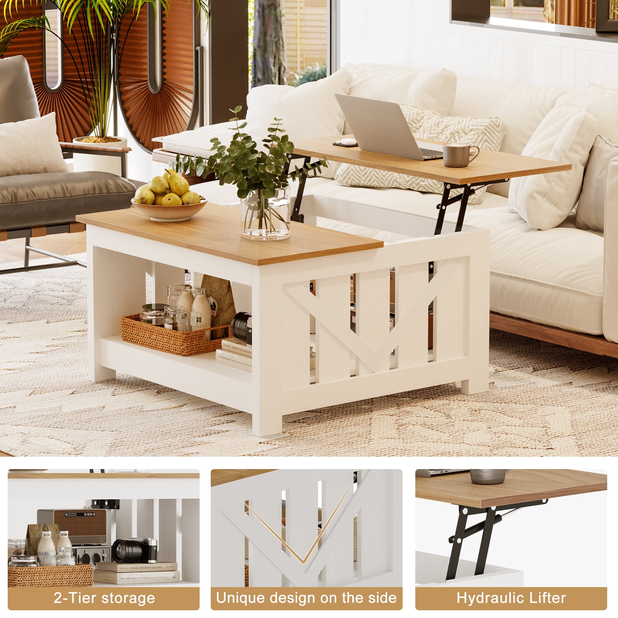 GUNAITO Lift Top Coffee Table with Storage Cabinet and 2 Compartments for Living Room, White, 31.5''Hx31.5''W in