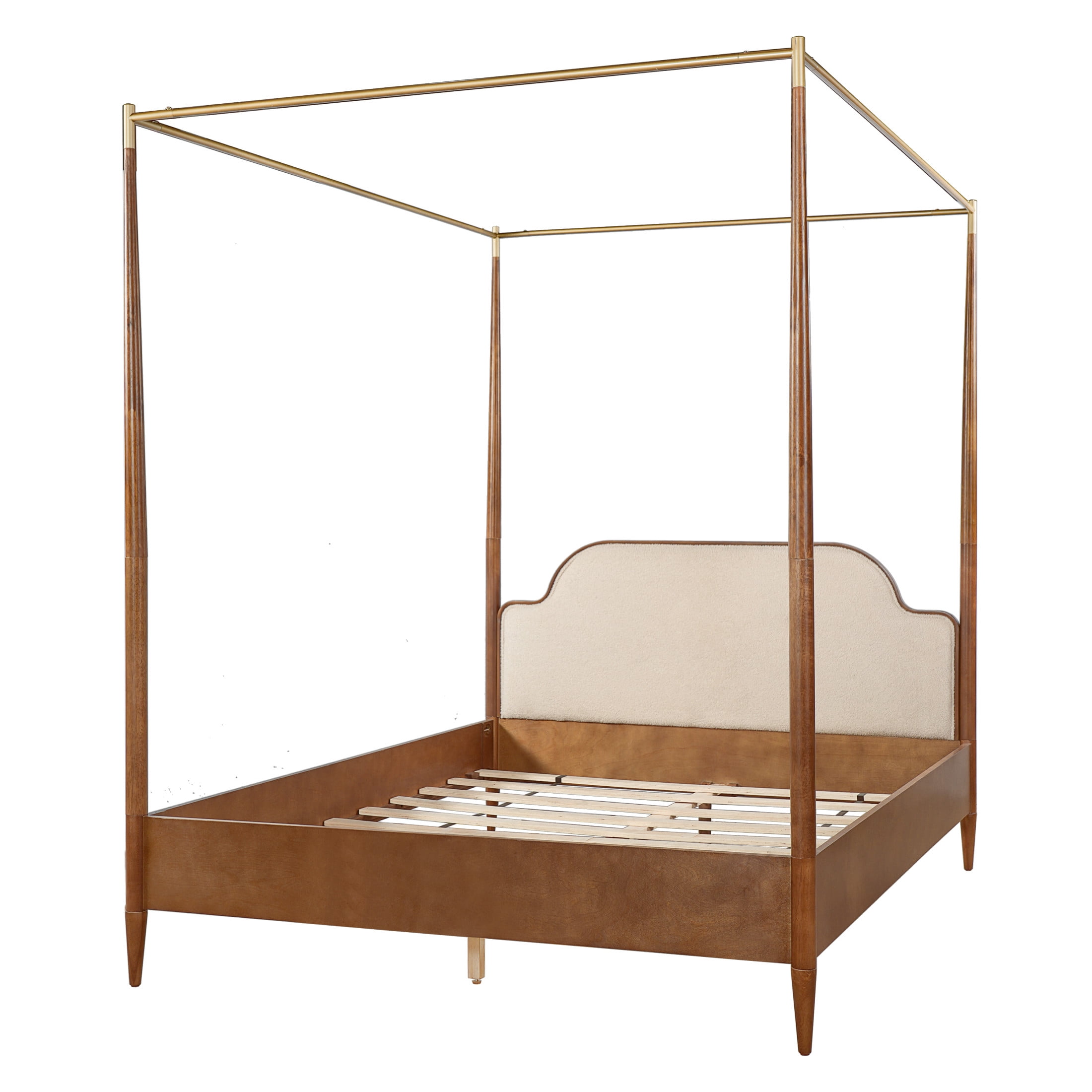 Christopher Knight Home Queen Canopy Bed Frame with Fleece Upholstered, Wood Frame, Brown+Off White