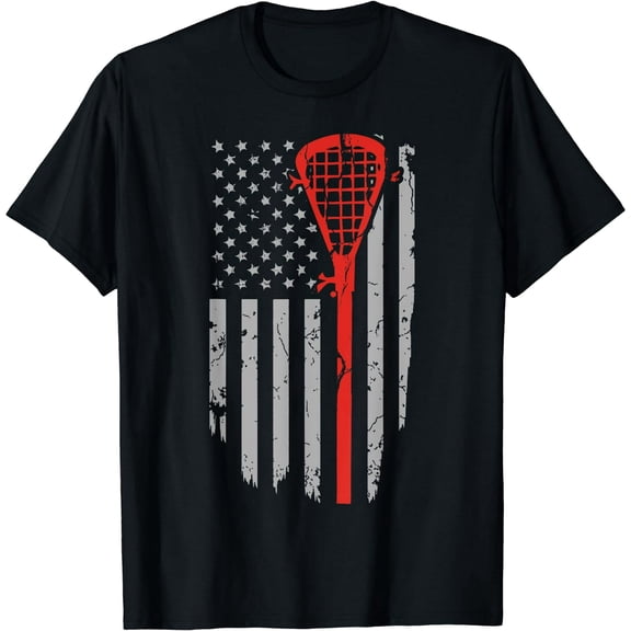 Vintage American Flag Lacrosse Youth Apparel Mens Black Casual T-Shirt