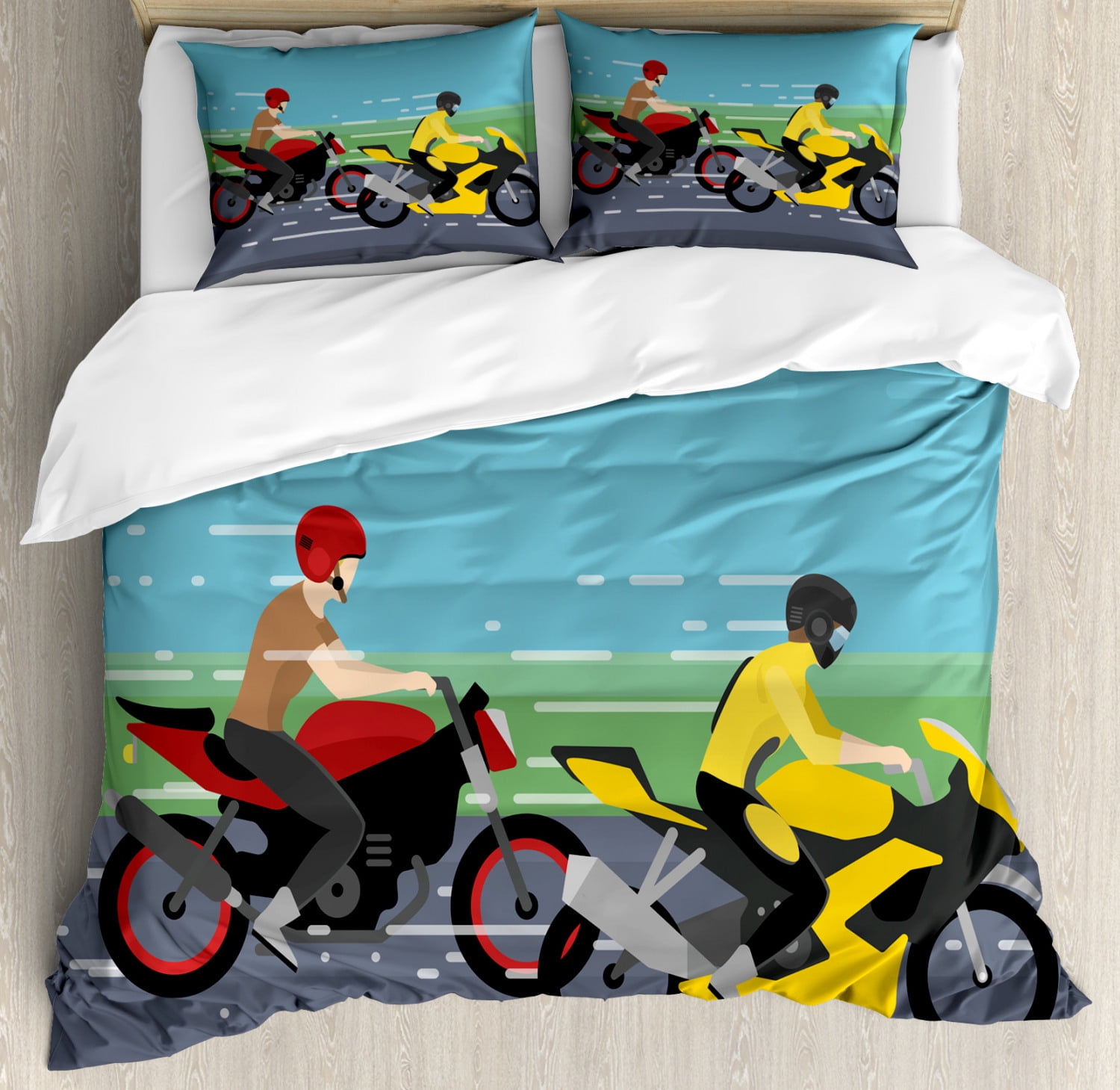 Motorcycle Duvet Cover Set King Size, Two Bikers Racing on the Road