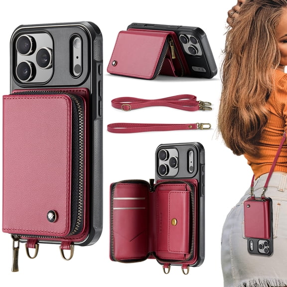 Crossbody Wallet Case for iPhone 18 Pro Max with Lanyard Strap Card Slot Holder RFID Blocking,Magnetic Back Flip Kickstand Folio Zipper Purse Case, Retro PU Leather Cover Handbag, Red