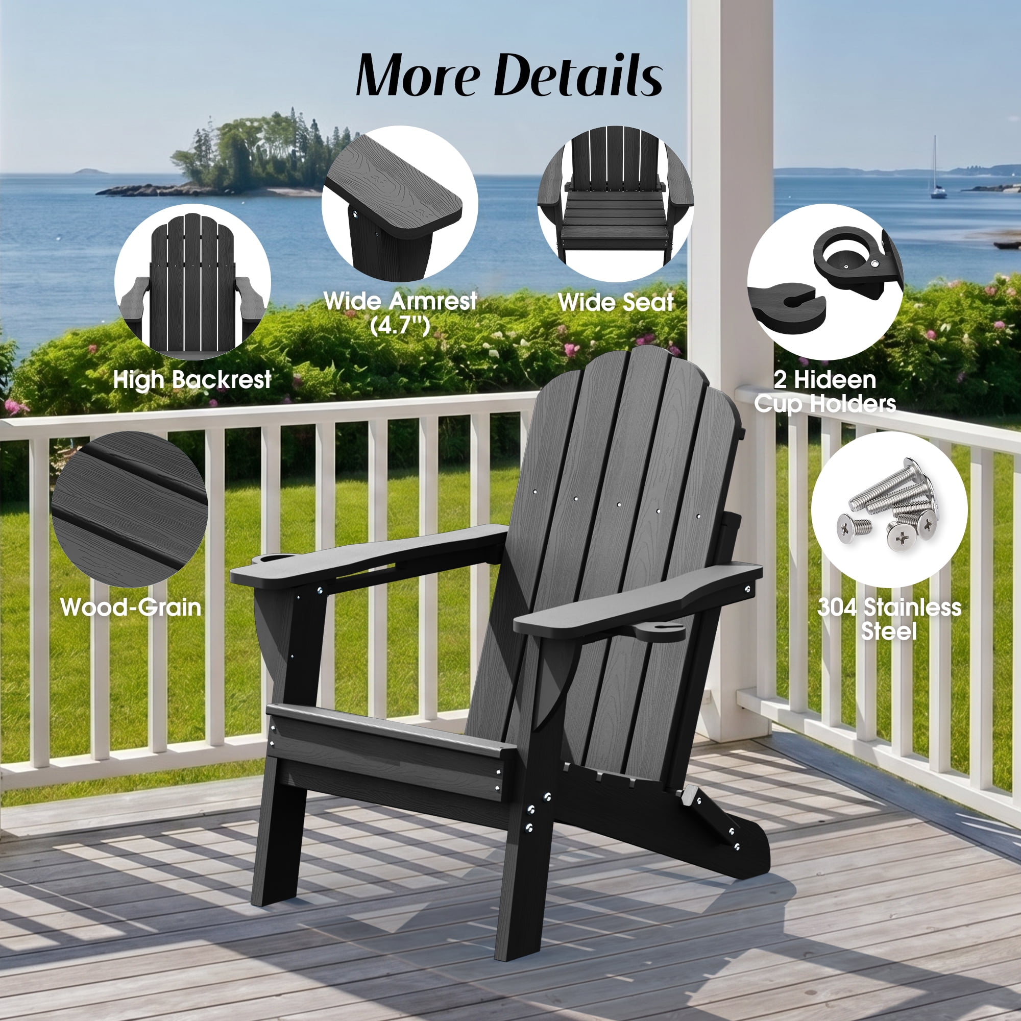 Folding Adirondack Chair, All-Weather HDPE Patio Chair with Cup Holders, Black