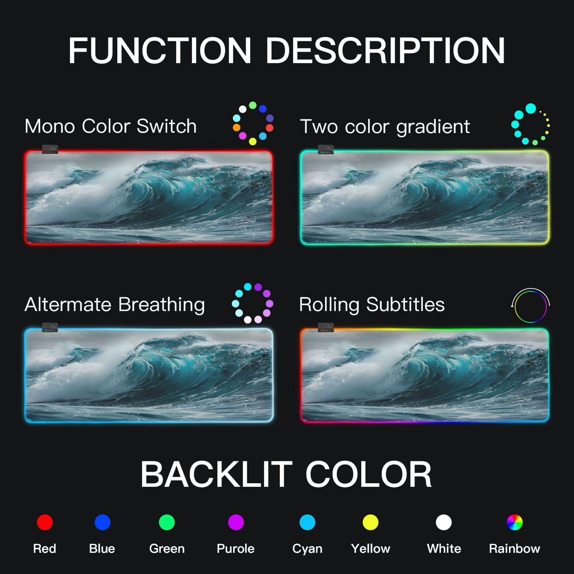 Large RGB Gaming Mouse Pad Led Glowing Mousepad Non-Slip Rubber Base 13 Light Modes 31.5x11.8 Sea Wave