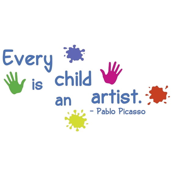 Every Child is an Artist with Creative and Colorful Hand Art Paint Design Banner Vinyl Wall Decal - Famous Inspiration Quotation by Well Known Artist Pablo Picasso for Kids Wall Decoration - 20" x 10"