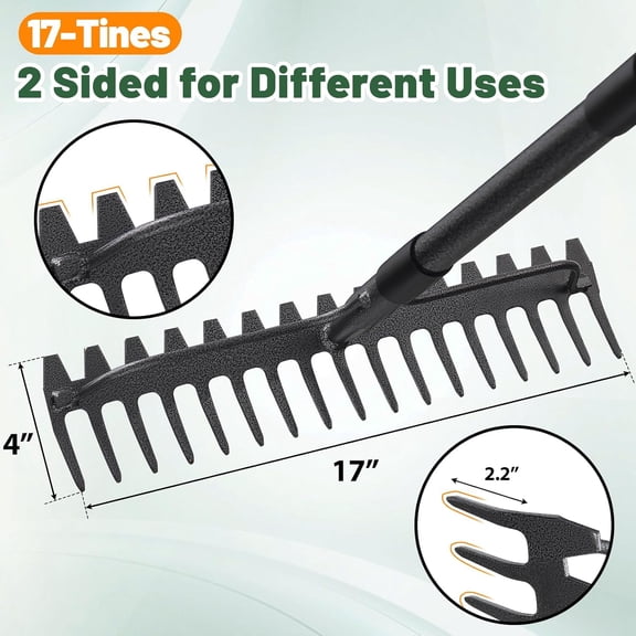 PYYAN-Rake, 17 Tines with 49 Inch Handle, 17 Inch Wide Heavy Duty Garden Thatch Leaf Rake for Raking Leaf Loosening Soil Gathering Mulch Leveling Rocks, Rustproof Metal Bow Rakes for Leaves Grass