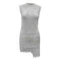 thumbnail image 1 of VISgogo Vestido sin mangas con cuello redondo para mujer, color sólido Textura de punto Flecos Ribete Irregular Dobladillo corto de una sola pieza VISgogo  moda, 1 of 3